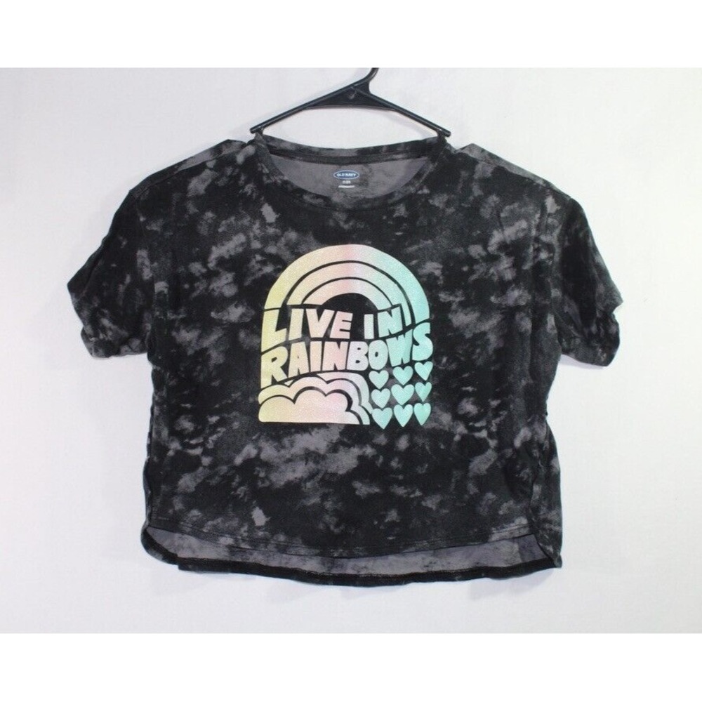 Old Navy Short Sleeve Shirt Cropped Black Tye Dye Live In Rainbows Girls Size M